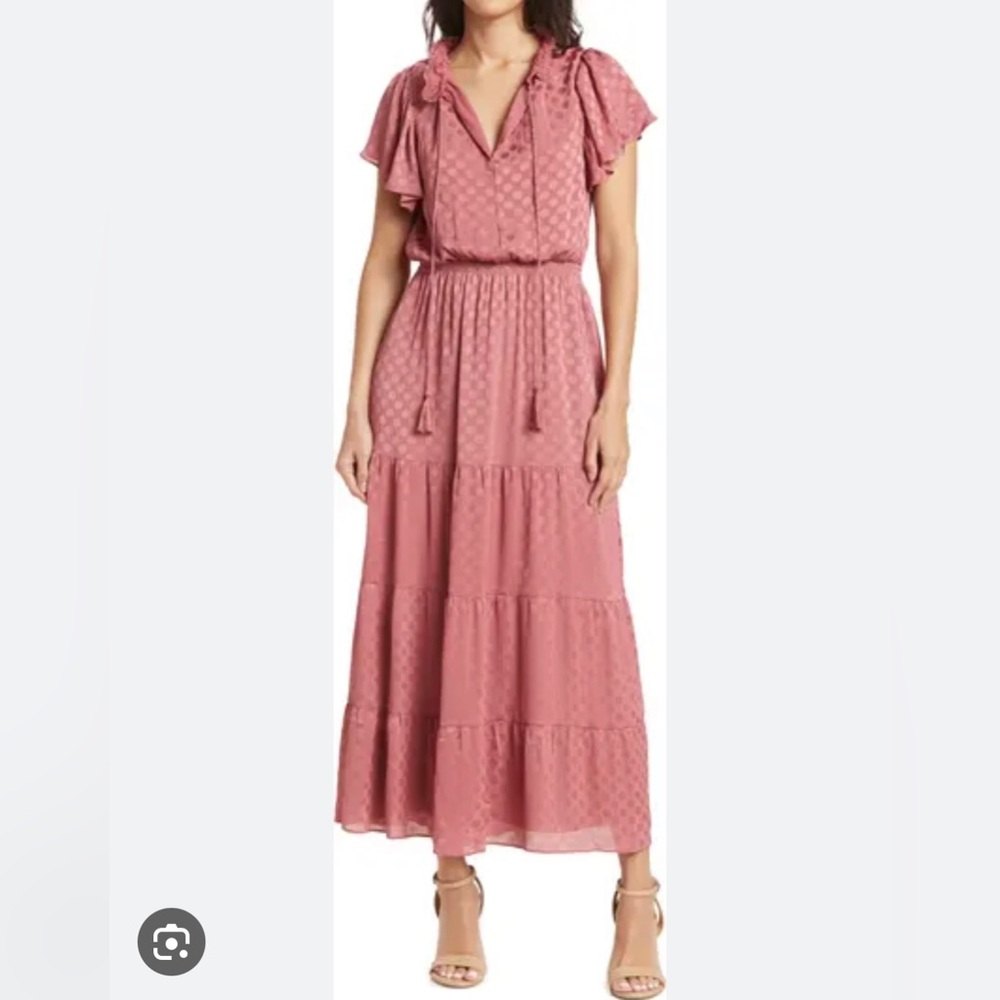 Cherry Red Max Studio Shiny polka dot Jacquard Dress with Flutter Sleeves